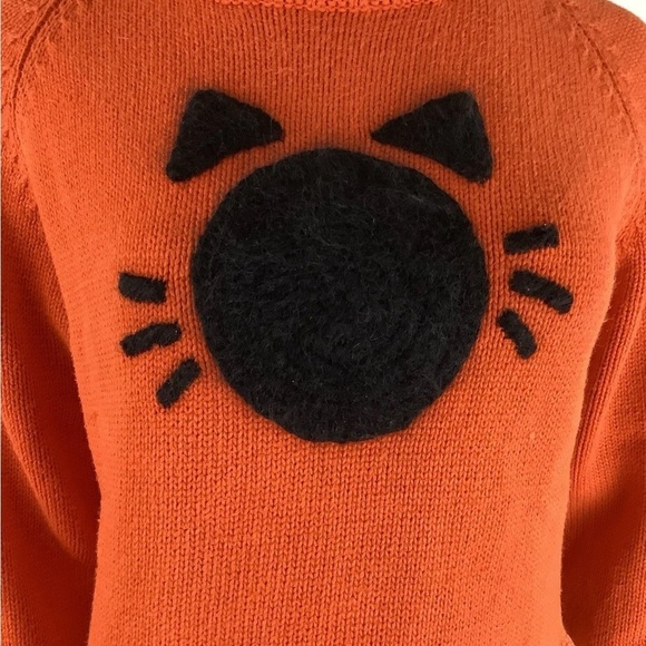 Vintage Michael Simon Sz M Cat Face Embroidered Crop Sweater Orange Ramie 90s - Picture 2 of 5